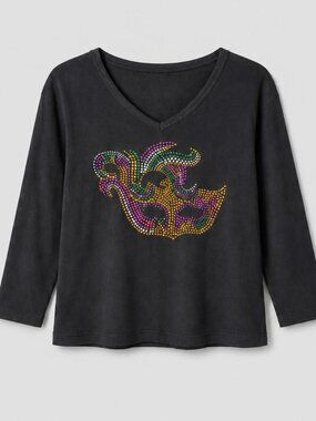 Black V-Neck Mardi Gras Top with Colorful Embellishments-Size Large